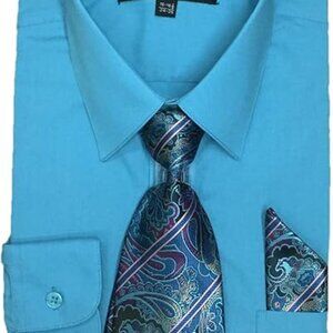 Fortino Landi Men's Long Sleeve Dress Shirt With Matching Tie And Handkerchief
